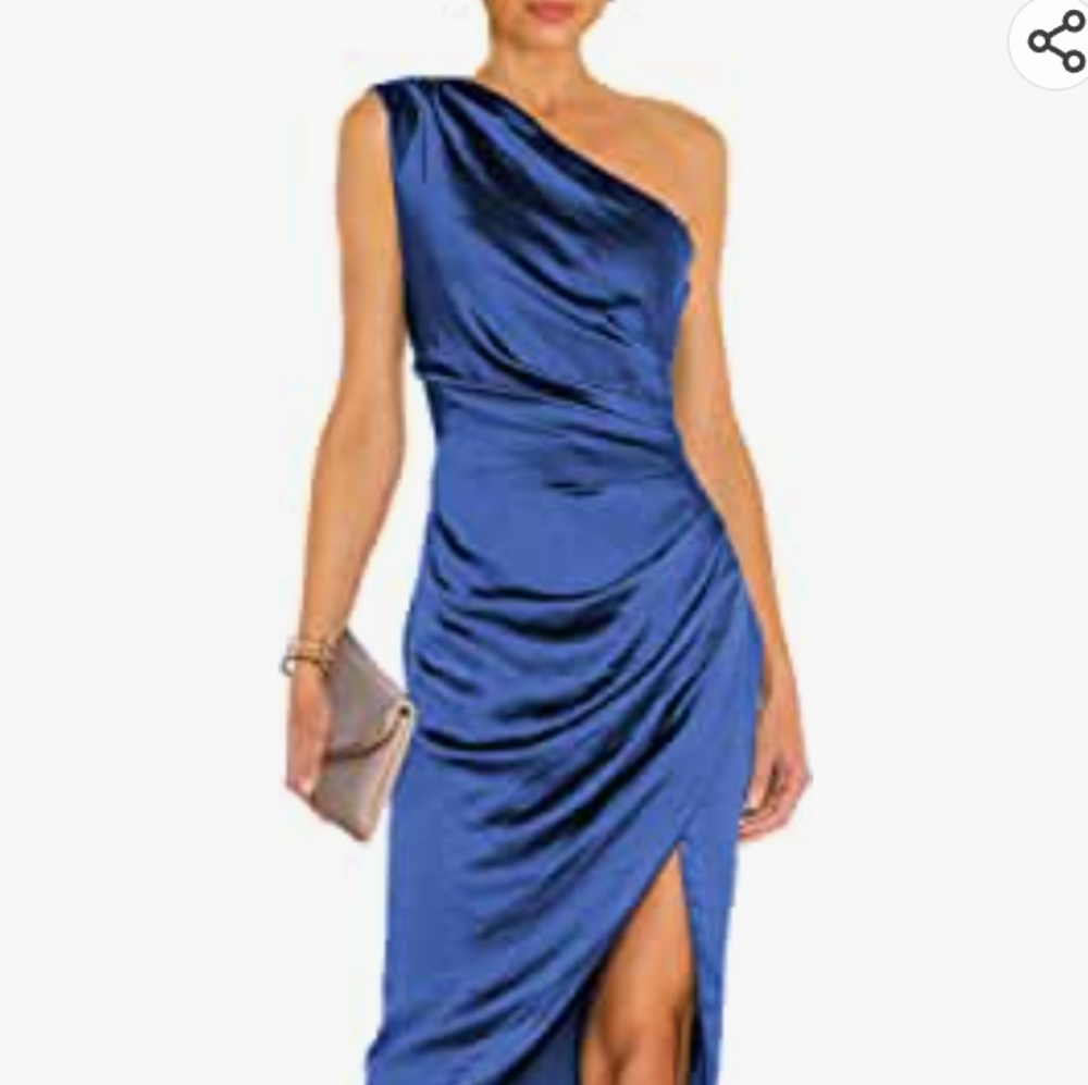 Sunmama Blue Satin One Shoulder Lightweight Midi Dress Size 2X NWT